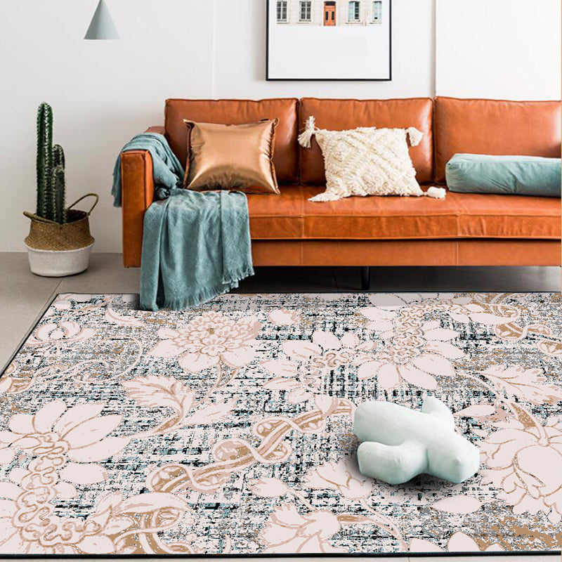 Avtoit | Washed white floral patterned carpet with leaf pink shabby chic carpet washable polyester non-slip backing doormat for bedroom