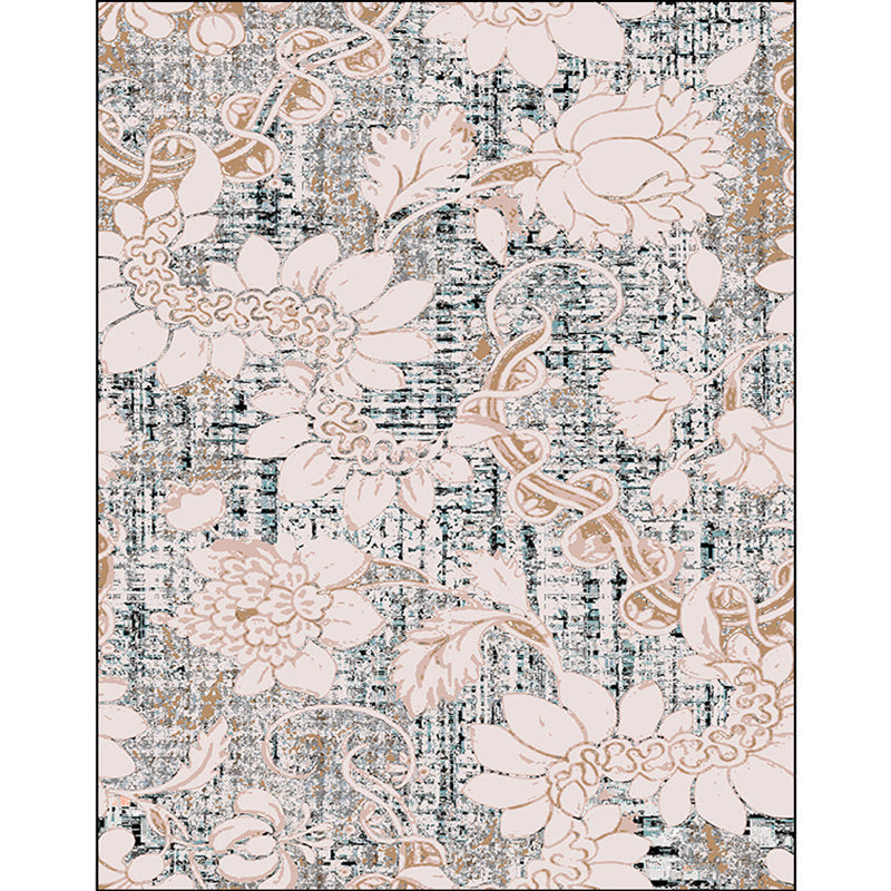 Avtoit | Washed white floral patterned carpet with leaf pink shabby chic carpet washable polyester non-slip backing doormat for bedroom