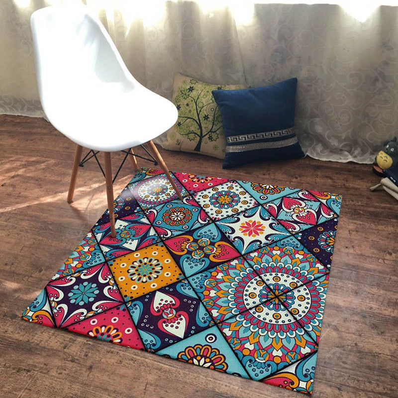 Avtoit | Moroccan Living Room Rug Colorful Flowers Diamond Circle Print Rug Polyester Non-Slip Washable Area Rug