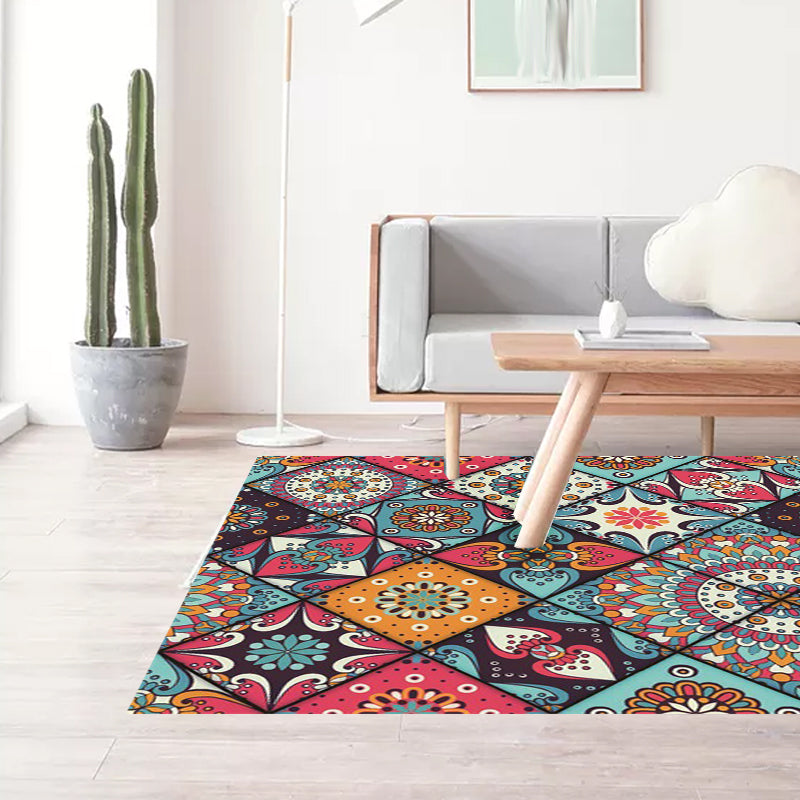 Avtoit | Moroccan Living Room Rug Colorful Flowers Diamond Circle Print Rug Polyester Non-Slip Washable Area Rug