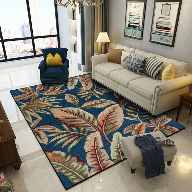 Avtoit | Blue Tropical Carpet Polyester Leaf Print Carpet Washable Non-Slip Back Carpet for Living Room