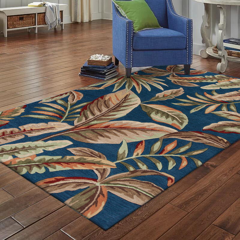 Avtoit | Blue Tropical Carpet Polyester Leaf Print Carpet Washable Non-Slip Back Carpet for Living Room