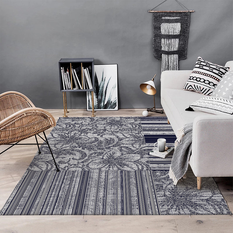 Avtoit | Shabby Chic Flower Pattern Rug with Stripes Dark Gray Polyester Rug Machine Washable Non-Slip Rug for the Living Room