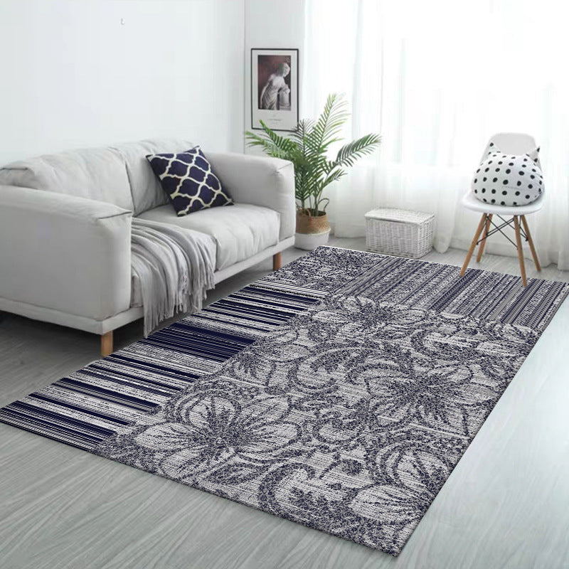 Avtoit | Shabby Chic Flower Pattern Rug with Stripes Dark Gray Polyester Rug Machine Washable Non-Slip Rug for the Living Room
