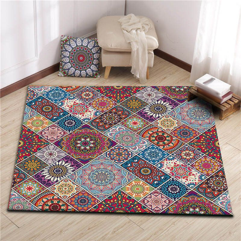 Avtoit | Colorful Bedroom Carpet Moroccan Tiles Carpet Polyester Non-slip Backing Carpet