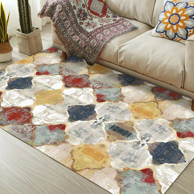 Avtoit | Ivory Bedroom Rug Moroccan Geometric Pattern Area Rug Polyester Non-Slip Back Pet-Friendly Rug