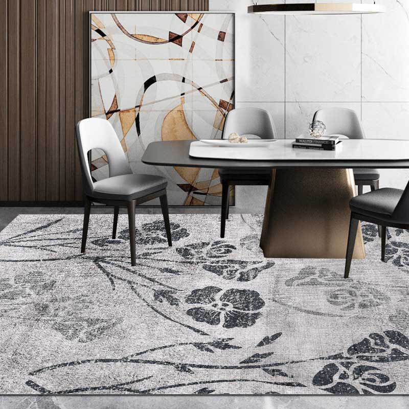 Avtoit | Gray Shabby Chic Rug Polyester Floral Pattern Rug Washable Non-Slip Back Rug for Living Room