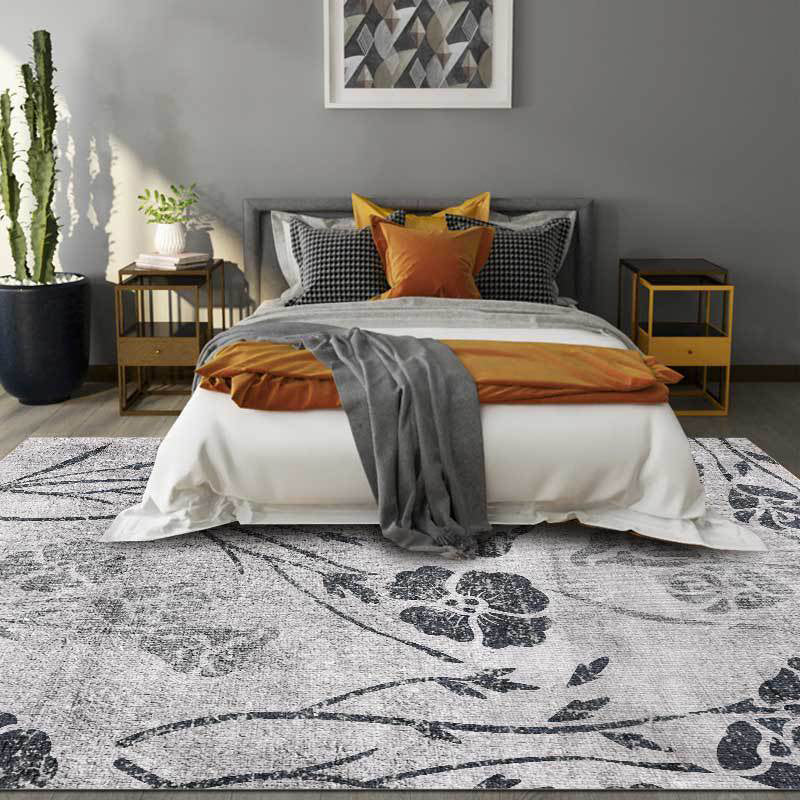 Avtoit | Gray Shabby Chic Rug Polyester Floral Pattern Rug Washable Non-Slip Back Rug for Living Room