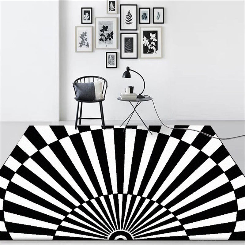 Avtoit | Novelty Living Room Rug in Black and White 3D Half Circle Stripe Print Rug Polyester Pet Friendly Washable Area Rug
