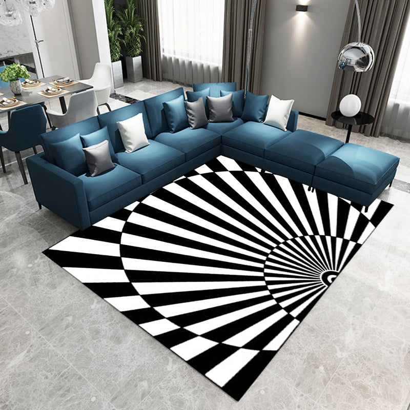 Avtoit | Novelty Living Room Rug in Black and White 3D Half Circle Stripe Print Rug Polyester Pet Friendly Washable Area Rug