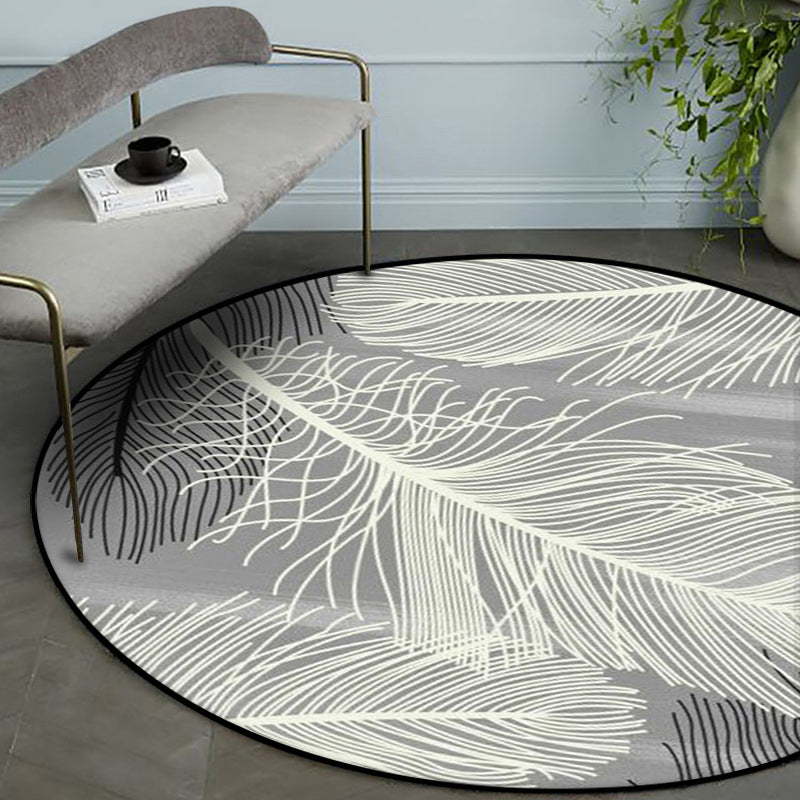 Avtoit | Gray and Black Tropical Carpet Mainly Polyester Feather Print Carpet Washable Non-Slip Back Carpet for Living Room