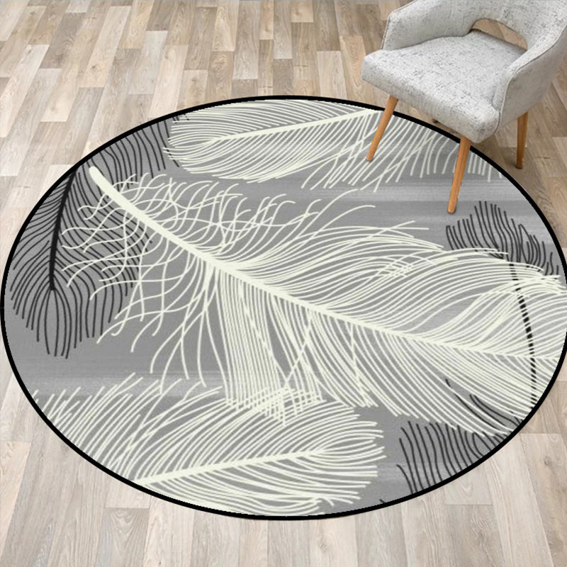 Avtoit | Gray and Black Tropical Carpet Mainly Polyester Feather Print Carpet Washable Non-Slip Back Carpet for Living Room
