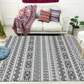 Avtoit | Southwest Living Room Rug in Gray Stripe Flower Geometry Print Rug Polyester Non-Slip Back Area Rug