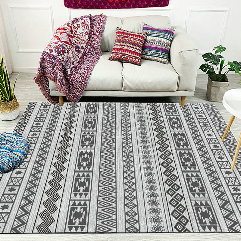 Avtoit | Southwest Living Room Rug in Gray Stripe Flower Geometry Print Rug Polyester Non-Slip Back Area Rug