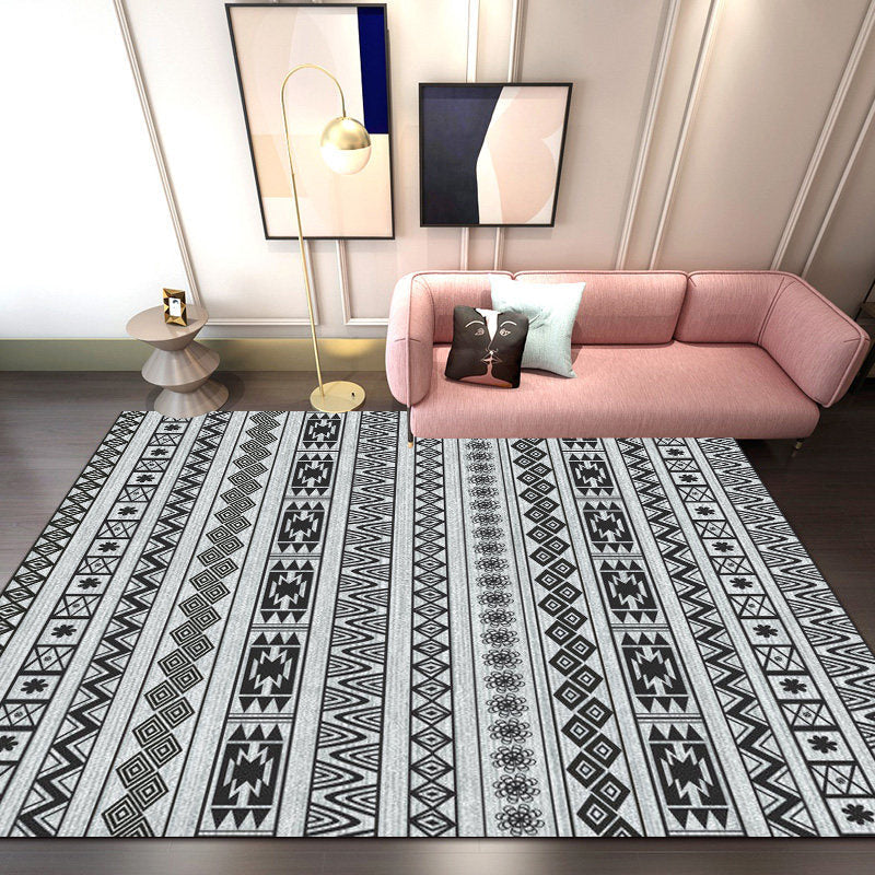 Avtoit | Southwest Living Room Rug in Gray Stripe Flower Geometry Print Rug Polyester Non-Slip Back Area Rug