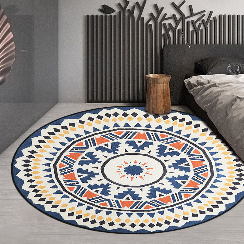 Avtoit | Southwest Living Area Rug in Ivory Circle Diamond Triangle Print Rug Polyester Washable Non-Slip Rug