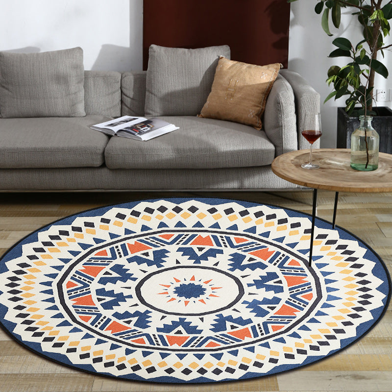 Avtoit | Southwest Living Area Rug in Ivory Circle Diamond Triangle Print Rug Polyester Washable Non-Slip Rug