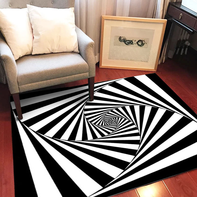 Avtoit | Novelty Living Room Rug in Black and White 3D Stripe Pattern Rug Polyester Non-Slip Machine Washable Rug