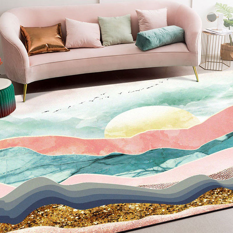 Avtoit | Novelty Living Room Carpet Colorful Mountain Sun Bird Print Carpet Polyester Pet Friendly Stain Resistant Area Rug