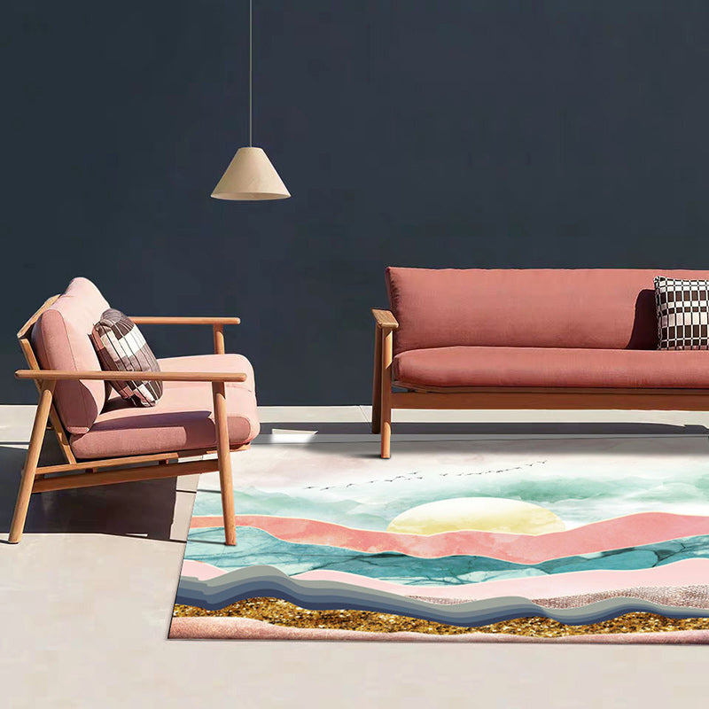 Avtoit | Novelty Living Room Carpet Colorful Mountain Sun Bird Print Carpet Polyester Pet Friendly Stain Resistant Area Rug