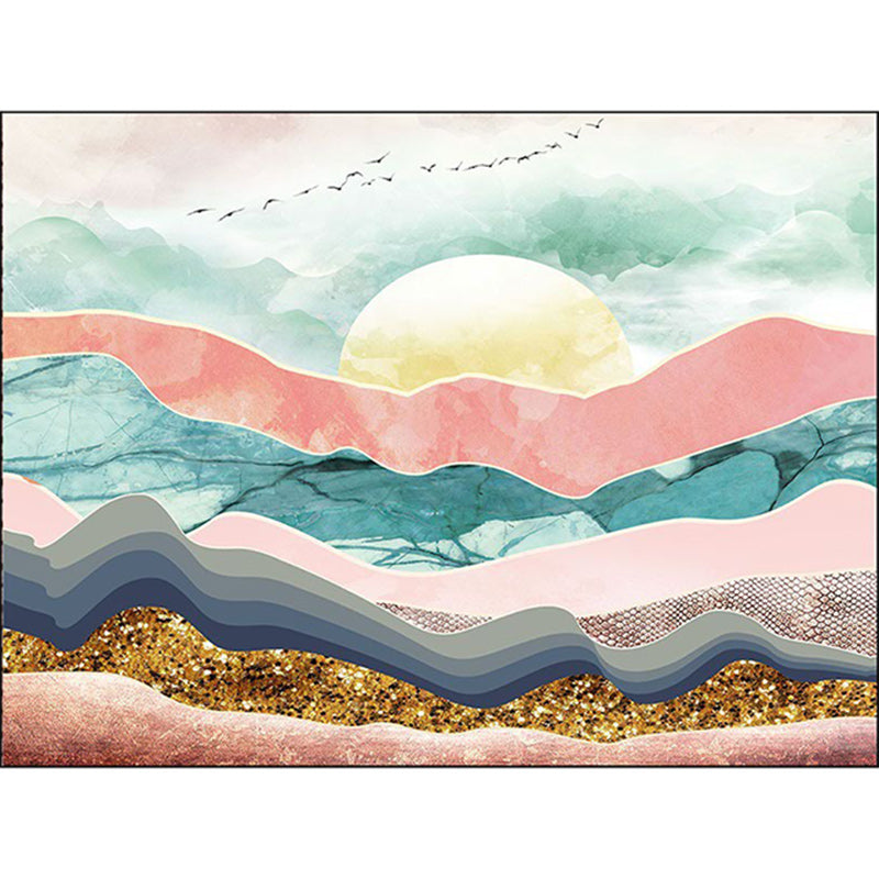 Avtoit | Novelty Living Room Carpet Colorful Mountain Sun Bird Print Carpet Polyester Pet Friendly Stain Resistant Area Rug