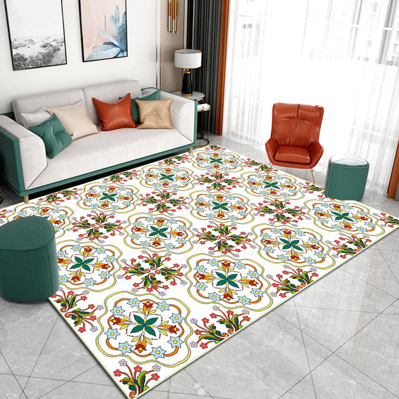 Avtoit | Ivory Bedroom Carpet Moroccan Motif Pattern Carpet Polyester Washable Stain Resistant Carpet