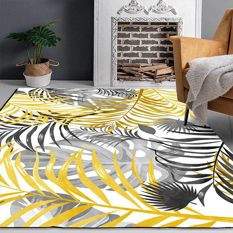 Avtoit | Yellow and White Casual Carpet Polyester Leaf Print Carpet Washable Non-Slip Backing Rug for Living Room
