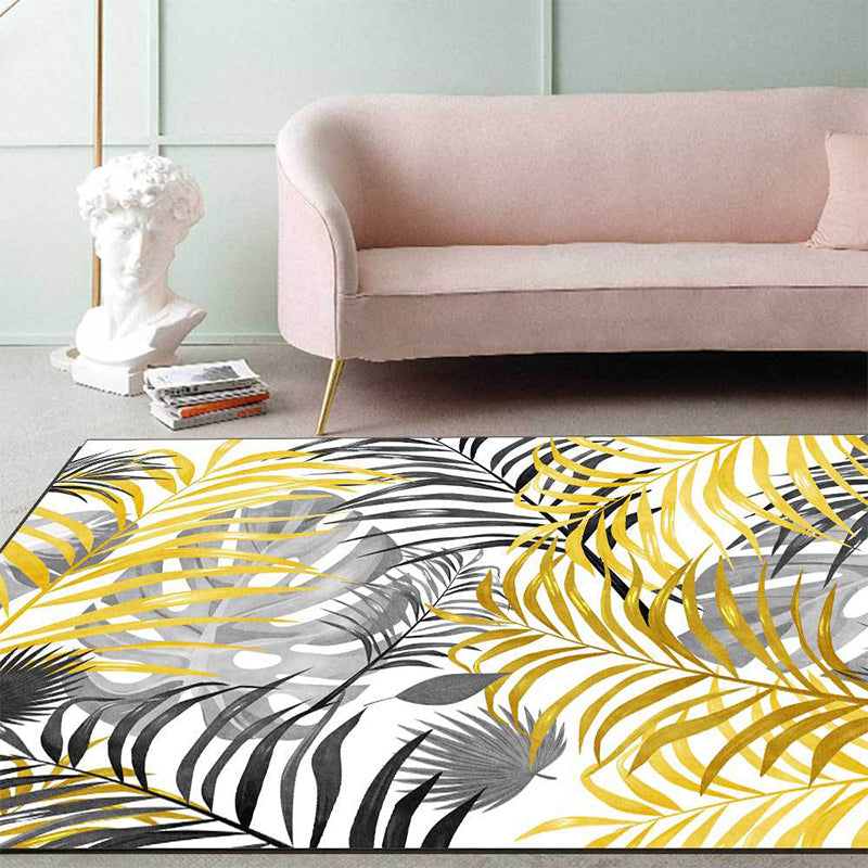 Avtoit | Yellow and White Casual Carpet Polyester Leaf Print Carpet Washable Non-Slip Backing Rug for Living Room