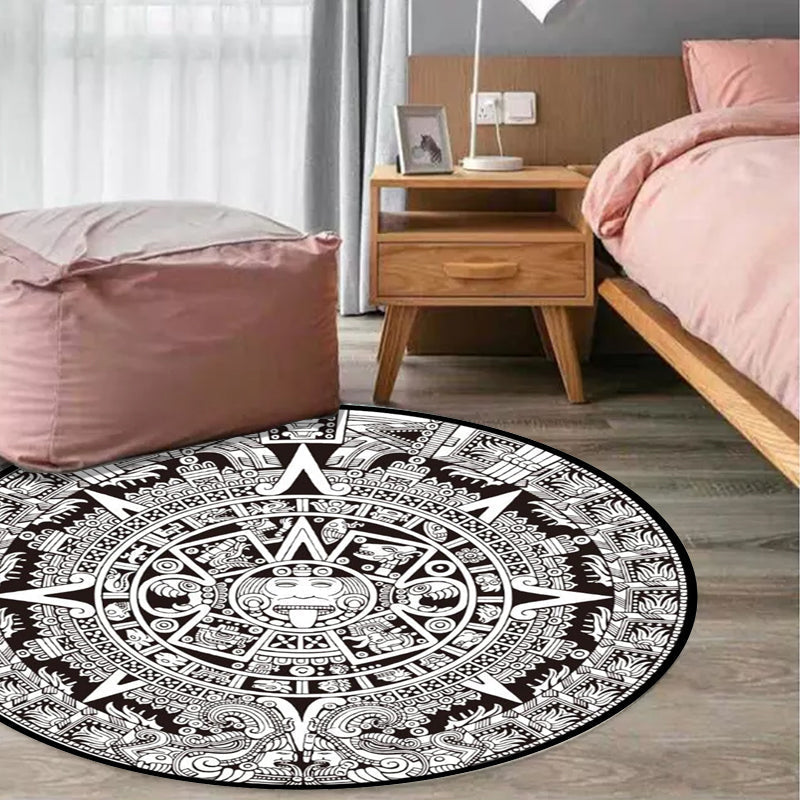 Avtoit | Black-white Bedroom Carpet Southwestern Tribal Circle Design Carpet Polyester Non-slip Washable Carpet