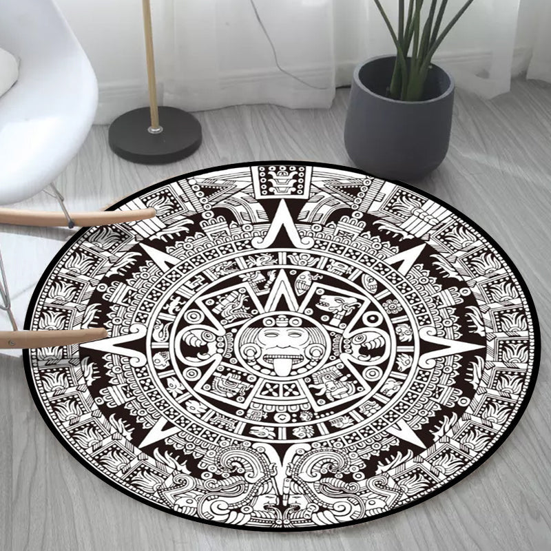 Avtoit | Black-white Bedroom Carpet Southwestern Tribal Circle Design Carpet Polyester Non-slip Washable Carpet