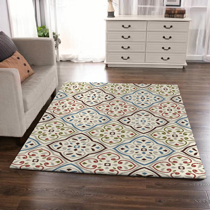 Avtoit | Ivory Bedroom Carpet Moroccan Motif Pattern Carpet Polyester Washable Stain Resistant Carpet