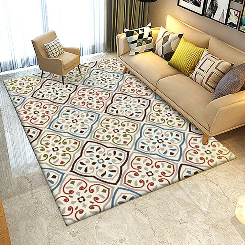 Avtoit | Ivory Bedroom Carpet Moroccan Motif Pattern Carpet Polyester Washable Stain Resistant Carpet