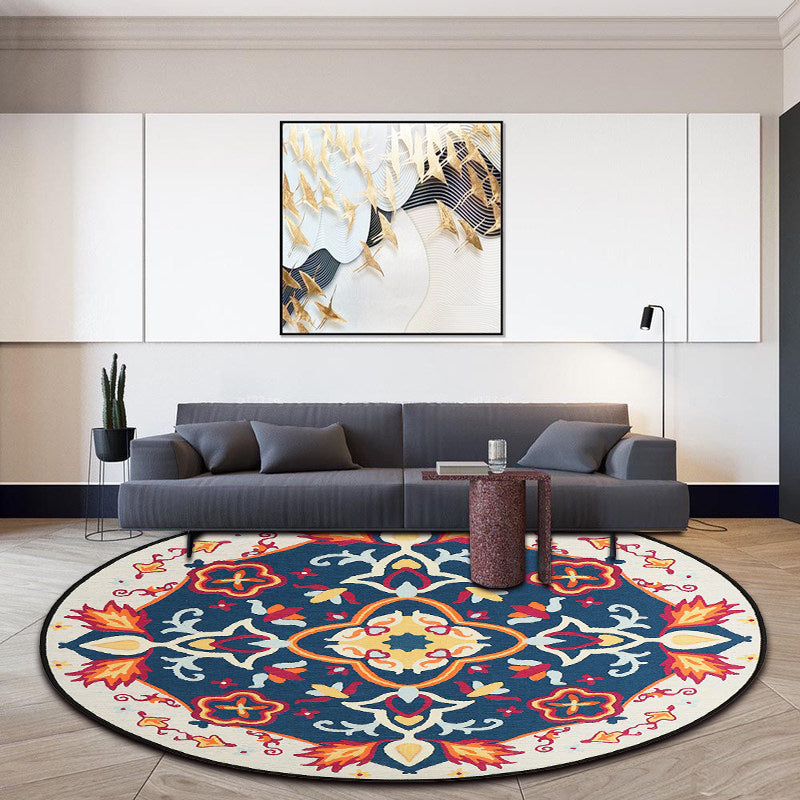 Avtoit | Moroccan Living Room Rug in Blue Floral Pattern Rug Polyester Machine Washable Area Rug