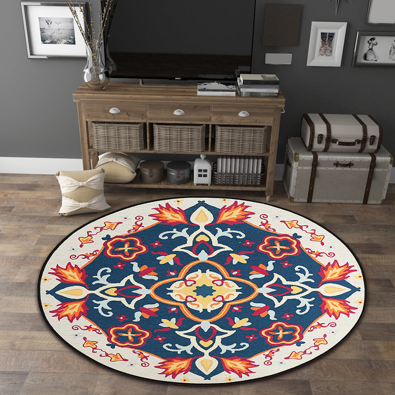 Avtoit | Moroccan Living Room Rug in Blue Floral Pattern Rug Polyester Machine Washable Area Rug