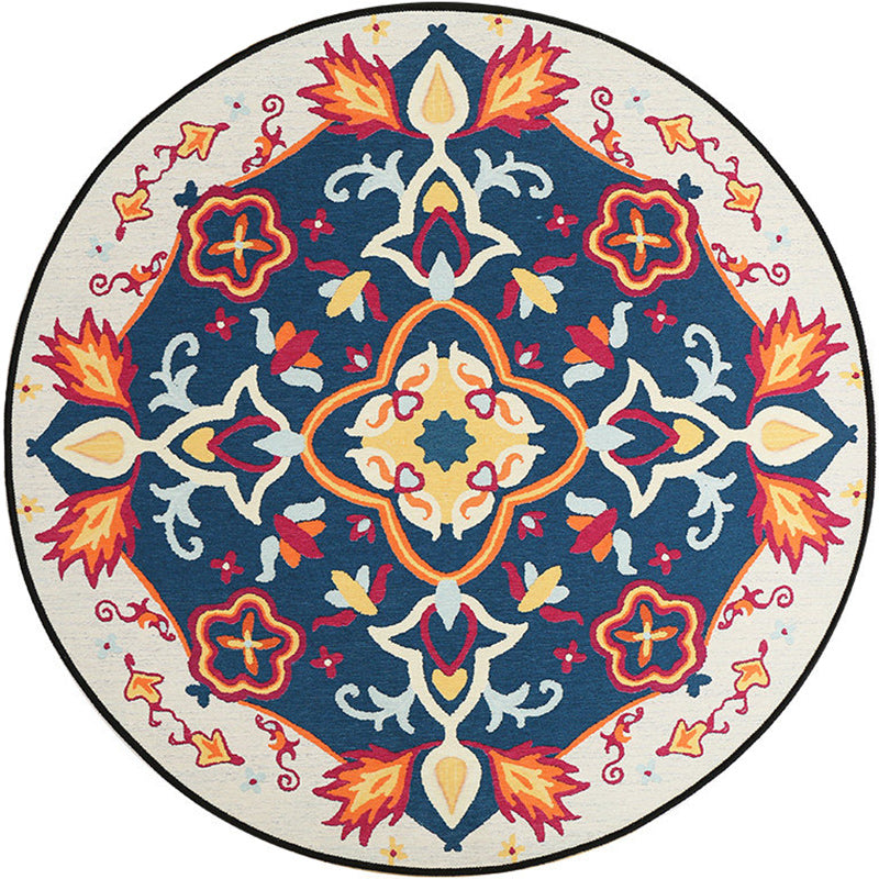 Avtoit | Moroccan Living Room Rug in Blue Floral Pattern Rug Polyester Machine Washable Area Rug