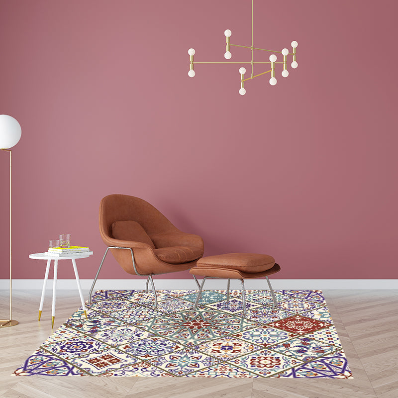 Avtoit | Ivory Bedroom Carpet Moroccan Flower Geometric Pattern Area Rug Polyester Non-Slip Pet-Friendly Rug