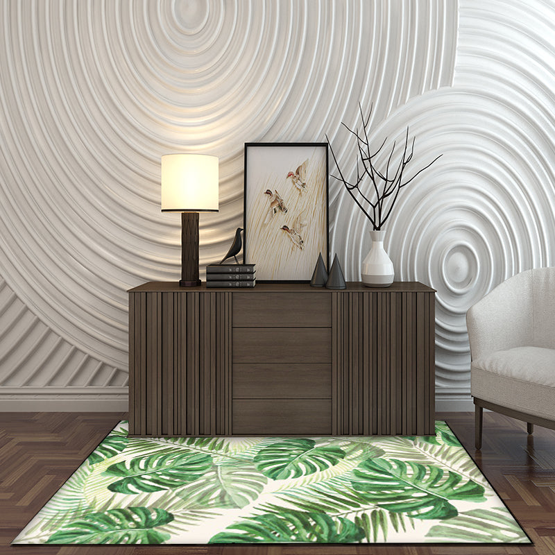 Avtoit | Funky Botanical Pattern Rug with Leaf Green Tropical Rug Polyester Washable Non-Slip Background Rug for Living Room