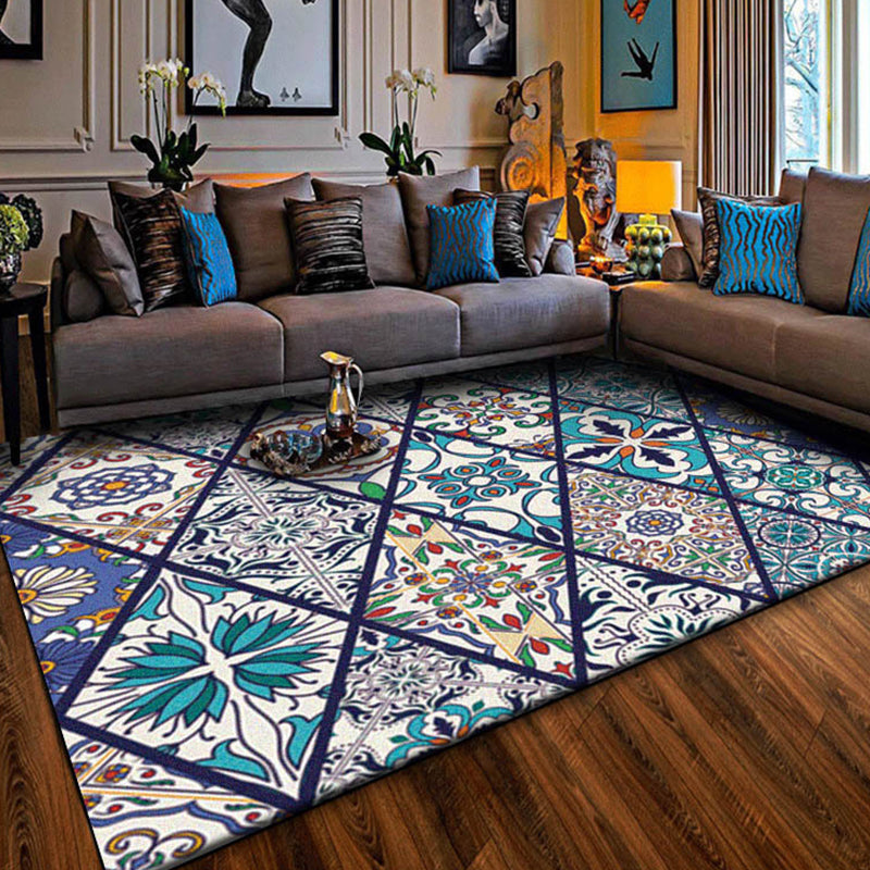 Avtoit | American Moroccan rug in blue diamond flower pattern rug polyester non-slip washable rug for home decor