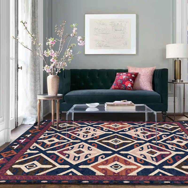 Avtoit | Moroccan Living Room Rug in Blue and Red Diamond Triangle Print Carpet Polyester Washable Non-Slip Area Rug