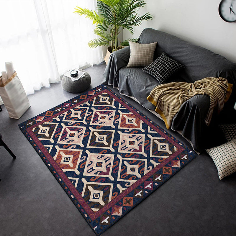 Avtoit | Moroccan Living Room Rug in Blue and Red Diamond Triangle Print Carpet Polyester Washable Non-Slip Area Rug