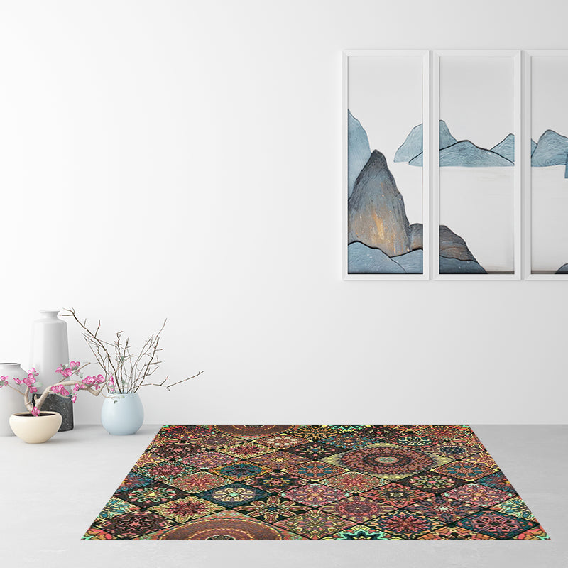 Avtoit | Moroccan Living Room Carpet with Brown Flower Diamond Print Carpet Polyester Non-slip Back Stain-resistant Carpet