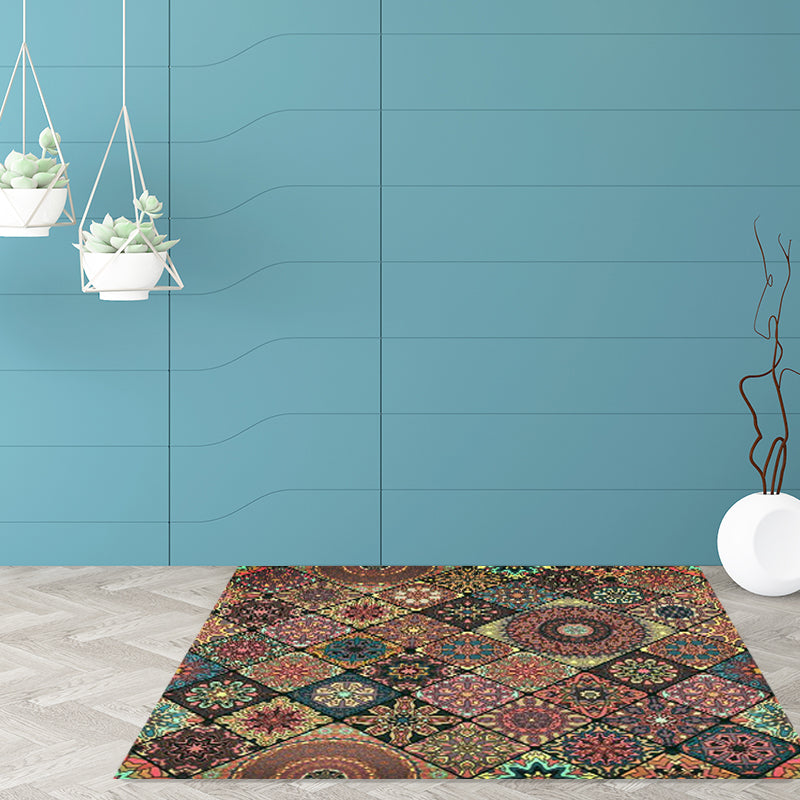 Avtoit | Moroccan Living Room Carpet with Brown Flower Diamond Print Carpet Polyester Non-slip Back Stain-resistant Carpet