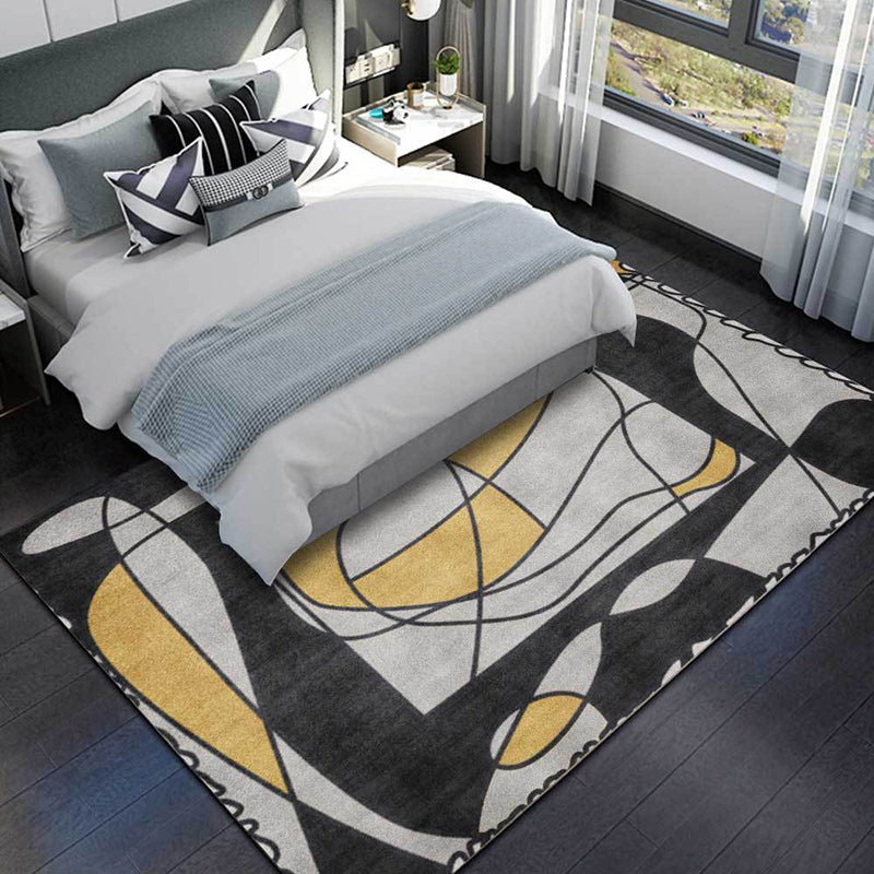 Avtoit | Novelty Living Room Rug in Gray Colorblock Line Print Rug Polyester Machine Washable Area Rug