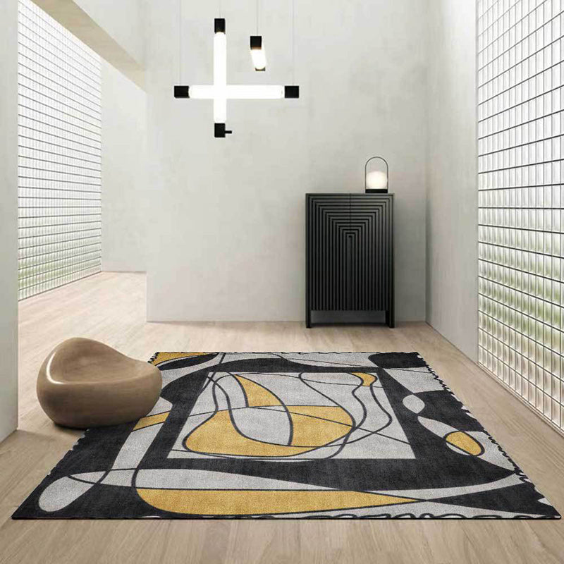 Avtoit | Novelty Living Room Rug in Gray Colorblock Line Print Rug Polyester Machine Washable Area Rug