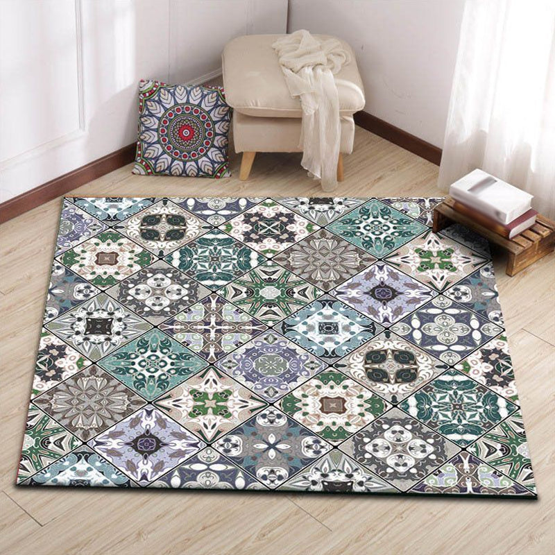 Avtoit | Retro Moroccan rug in green geometric floral pattern rug Polyester non-slip washable rug for home decor