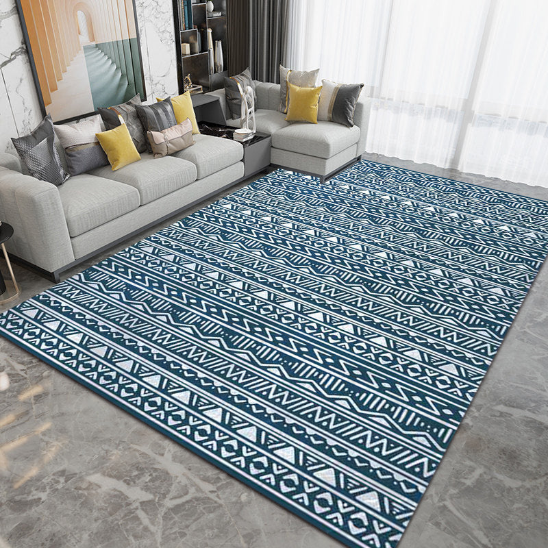 Avtoit | Blue Bedroom Rug Southwestern Stripes Triangle Pattern Area Rug Polyester Washable Non-Slip Rug