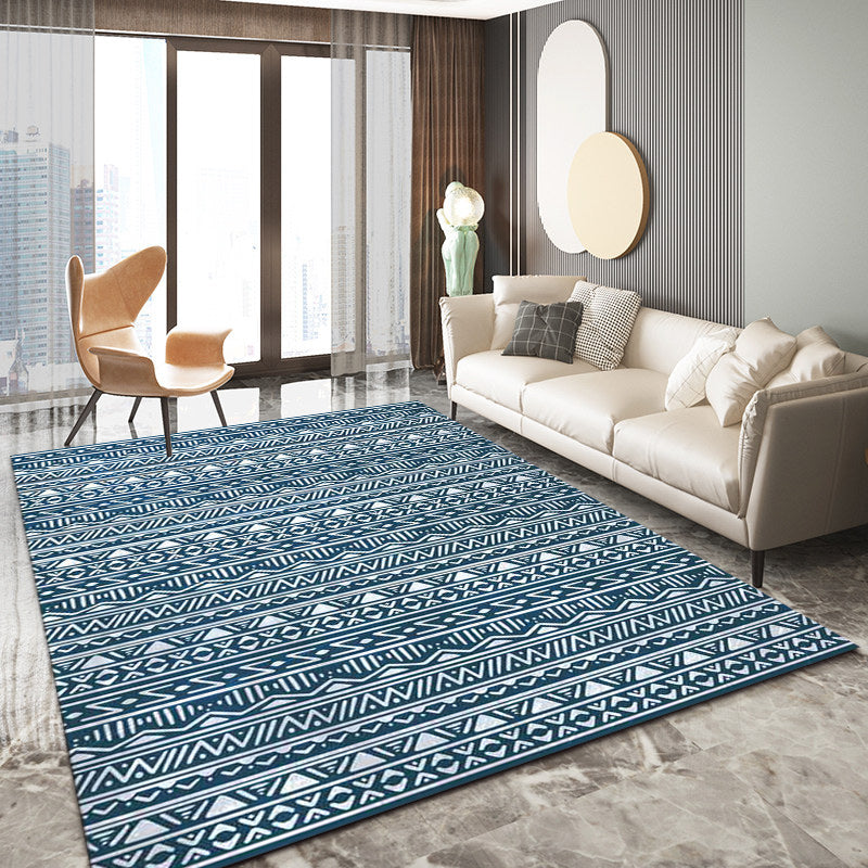 Avtoit | Blue Bedroom Rug Southwestern Stripes Triangle Pattern Area Rug Polyester Washable Non-Slip Rug