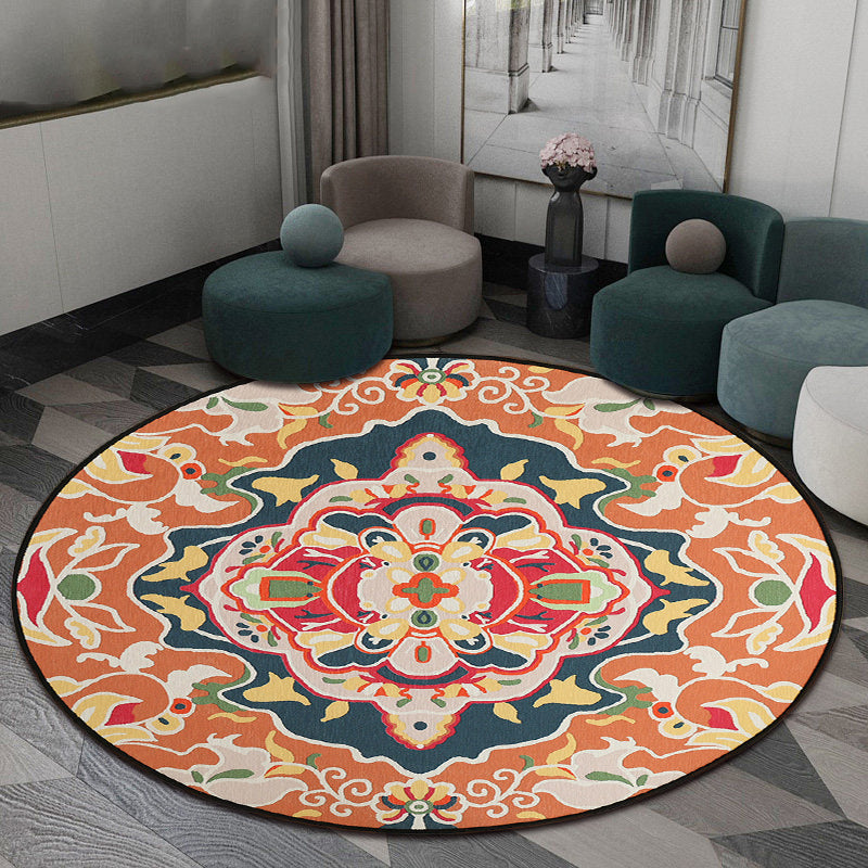 Avtoit | Orange Bedroom Rug Moroccan Floral Pattern Area Rug Polyester Pet Friendly Washable Rug