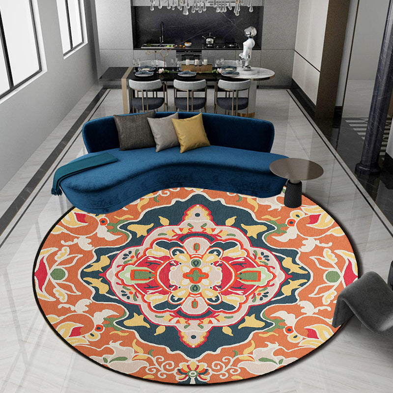 Avtoit | Orange Bedroom Rug Moroccan Floral Pattern Area Rug Polyester Pet Friendly Washable Rug