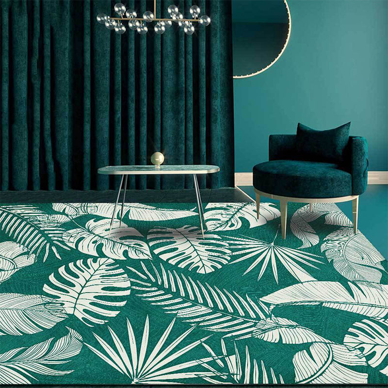 Avtoit | Stylish Leaf Pattern Carpet Green Tropical Carpet Polyester Washable Non-Slip Back Area Rug for Living Room